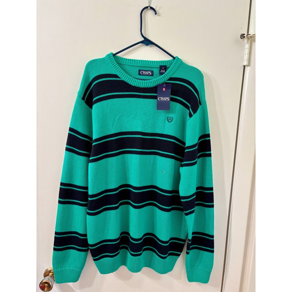 Chaps NWT Mens L 100% Cotton Reef Green/Striped Navy Retro Preppy Campus Sweater